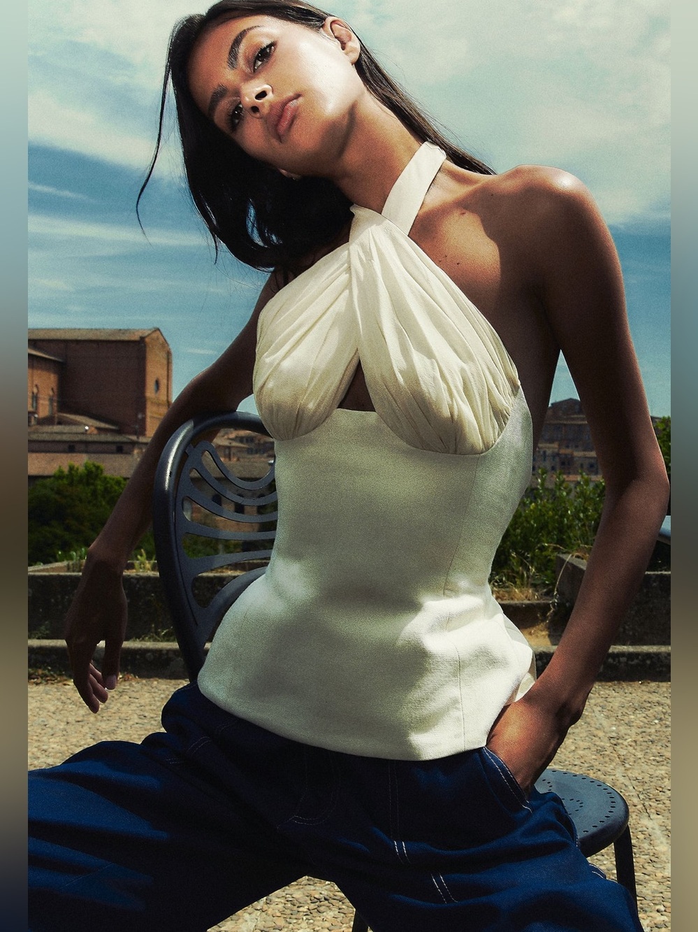 TAE PARK SCULPTED HALTER TOP IN IVORY